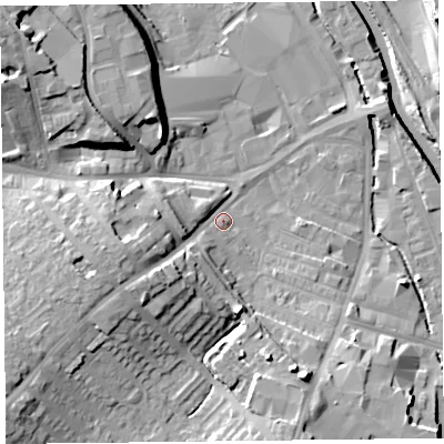 Shaded relief map of the ground around CA25UT, computed from Environment Agency LiDAR. The ground here sits at about 15 m above sea level and falls 16 m across the surrounding 800 m. Surface water reaching this point runs off ground lying to the south-south-east, 11.4 m higher.