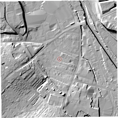 Shaded relief map of the ground around CA25UU, computed from Environment Agency LiDAR. The ground here sits at about 14 m above sea level and falls 15 m across the surrounding 800 m. Surface water reaching this point runs off ground lying to the east-south-east, 1.7 m higher.