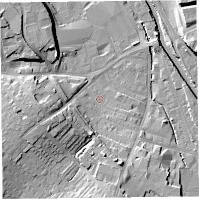 Shaded relief map of the ground around CA25UW, computed from Environment Agency LiDAR. The ground here sits at about 14 m above sea level and falls 15 m across the surrounding 800 m. Surface water reaching this point runs off ground lying to the south-south-east, 11.3 m higher.