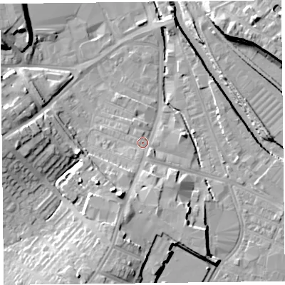 Shaded relief map of the ground around CA25UX, computed from Environment Agency LiDAR. The ground here sits at about 16 m above sea level and falls 17 m across the surrounding 800 m. Surface water reaching this point runs off ground lying to the south-south-west, 10.5 m higher.