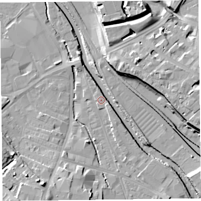 Shaded relief map of the ground around CA25UZ, computed from Environment Agency LiDAR. The ground here sits at about 15 m above sea level and falls 17 m across the surrounding 800 m. Surface water reaching this point runs off ground lying to the south-east, 1.2 m higher.