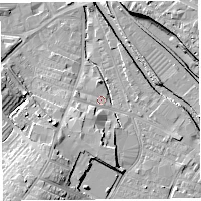 Shaded relief map of the ground around CA25WD, computed from Environment Agency LiDAR. The ground here sits at about 15 m above sea level and falls 17 m across the surrounding 800 m. Surface water reaching this point runs off ground lying to the west-south-west, 1.2 m higher.