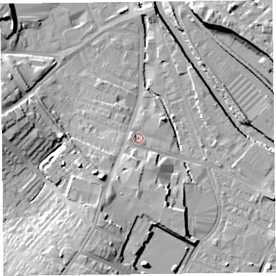 Shaded relief map of the ground around CA25WE, computed from Environment Agency LiDAR. The ground here sits at about 16 m above sea level and falls 17 m across the surrounding 800 m. Surface water reaching this point runs off ground lying to the south-west, 2.9 m higher.