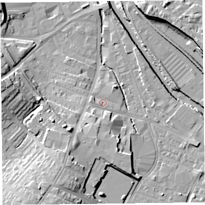 Shaded relief map of the ground around CA25WF, computed from Environment Agency LiDAR. The ground here sits at about 15 m above sea level and falls 17 m across the surrounding 800 m. Surface water reaching this point runs off ground lying to the west-south-west, 2.6 m higher.