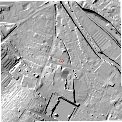 Shaded relief map of the ground around CA25WJ, computed from Environment Agency LiDAR. The ground here sits at about 15 m above sea level and falls 17 m across the surrounding 800 m. Surface water reaching this point runs off ground lying to the west-south-west, 1.5 m higher.