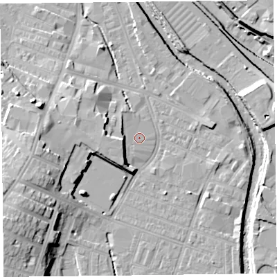 Shaded relief map of the ground around CA25XA, computed from Environment Agency LiDAR. The ground here sits at about 16 m above sea level and falls 17 m across the surrounding 800 m. Surface water reaching this point runs off ground lying to the west, 5.6 m higher.
