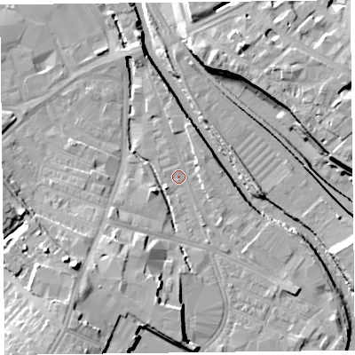 Shaded relief map of the ground around CA25XB, computed from Environment Agency LiDAR. The ground here sits at about 14 m above sea level and falls 15 m across the surrounding 800 m. Surface water reaching this point runs off ground lying to the south-east, 2.8 m higher.