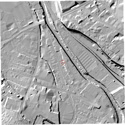 Shaded relief map of the ground around CA25XD, computed from Environment Agency LiDAR. The ground here sits at about 14 m above sea level and falls 15 m across the surrounding 800 m. Surface water reaching this point runs off ground lying to the south-east, 2.6 m higher.