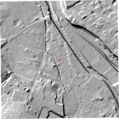 Shaded relief map of the ground around CA25XE, computed from Environment Agency LiDAR. The ground here sits at about 14 m above sea level and falls 15 m across the surrounding 800 m. Surface water reaching this point runs off ground lying to the south-east, 2.8 m higher.