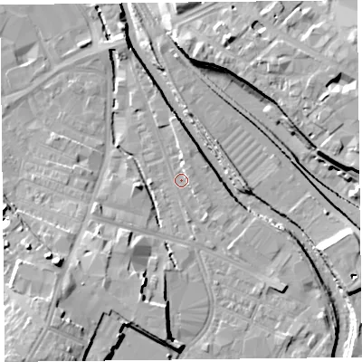 Shaded relief map of the ground around CA25XF, computed from Environment Agency LiDAR. The ground here sits at about 14 m above sea level and falls 15 m across the surrounding 800 m. Surface water reaching this point runs off ground lying to the south-east, 2.6 m higher.