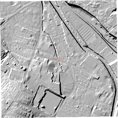 Shaded relief map of the ground around CA25XH, computed from Environment Agency LiDAR. The ground here sits at about 14 m above sea level and falls 17 m across the surrounding 800 m. Surface water reaching this point runs off ground lying to the south-west, 12.0 m higher.