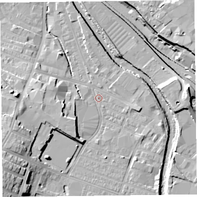 Shaded relief map of the ground around CA25XN, computed from Environment Agency LiDAR. The ground here sits at about 15 m above sea level and falls 16 m across the surrounding 800 m. Surface water reaching this point runs off ground lying to the south-west, 12.7 m higher.