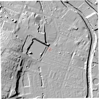 Shaded relief map of the ground around CA25XP, computed from Environment Agency LiDAR. The ground here sits at about 15 m above sea level and falls 17 m across the surrounding 800 m. Surface water reaching this point runs off ground lying to the west-south-west, 13.3 m higher.