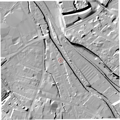 Shaded relief map of the ground around CA25XQ, computed from Environment Agency LiDAR. The ground here sits at about 15 m above sea level and falls 17 m across the surrounding 800 m. Surface water reaching this point runs off ground lying to the east-south-east, 1.8 m higher.