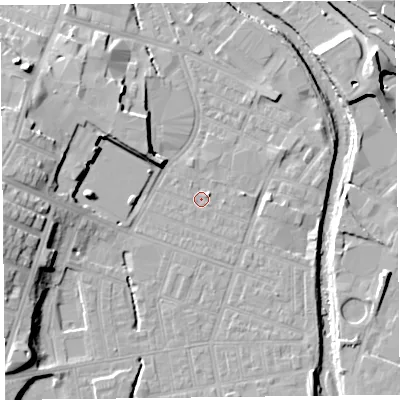 Shaded relief map of the ground around CA25XR, computed from Environment Agency LiDAR. The ground here sits at about 16 m above sea level and falls 15 m across the surrounding 800 m. Surface water reaching this point runs off ground lying to the east-north-east, 1.5 m higher.