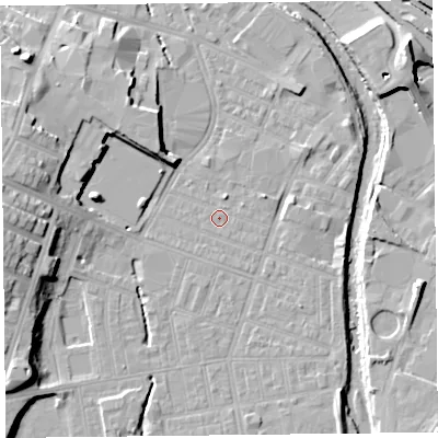 Shaded relief map of the ground around CA25XS, computed from Environment Agency LiDAR. The ground here sits at about 16 m above sea level and falls 15 m across the surrounding 800 m. Surface water reaching this point runs off ground lying to the north-north-east, 0.6 m higher.