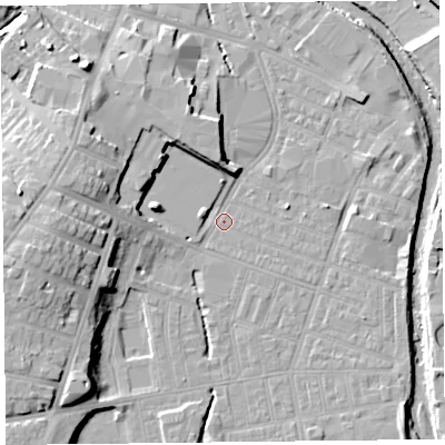 Shaded relief map of the ground around CA25XU, computed from Environment Agency LiDAR. The ground here sits at about 16 m above sea level and falls 16 m across the surrounding 800 m. Surface water reaching this point runs off ground lying to the west, 13.3 m higher.