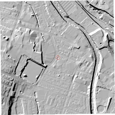 Shaded relief map of the ground around CA25XW, computed from Environment Agency LiDAR. The ground here sits at about 15 m above sea level and falls 15 m across the surrounding 800 m. Surface water reaching this point runs off ground lying to the west-south-west, 12.0 m higher.