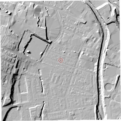Shaded relief map of the ground around CA25XX, computed from Environment Agency LiDAR. The ground here sits at about 16 m above sea level and falls 15 m across the surrounding 800 m. The ground contributing surface water to this point lies to the south-south-east.