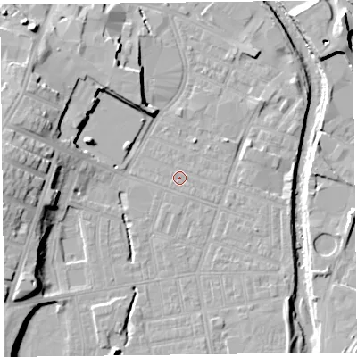 Shaded relief map of the ground around CA25XY, computed from Environment Agency LiDAR. The ground here sits at about 16 m above sea level and falls 16 m across the surrounding 800 m. Surface water reaching this point runs off ground lying to the south-east, 0.6 m higher.