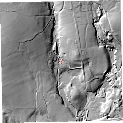 Shaded relief map of the ground around CA263RA, computed from Environment Agency LiDAR. The ground here sits at about 100 m above sea level and falls 43 m across the surrounding 800 m. Surface water reaching this point runs off ground lying to the north-west, 32.8 m higher.