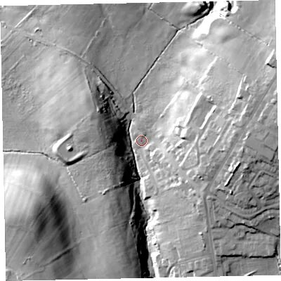 Shaded relief map of the ground around CA263RU, computed from Environment Agency LiDAR. The ground here sits at about 125 m above sea level and falls 35 m across the surrounding 800 m. Surface water reaching this point runs off ground lying to the east, 22.0 m higher.
