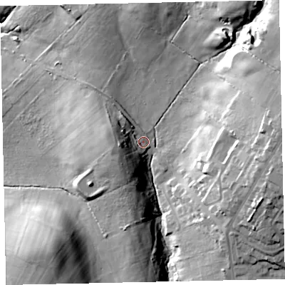 Shaded relief map of the ground around CA263SL, computed from Environment Agency LiDAR. The ground here sits at about 126 m above sea level and falls 32 m across the surrounding 800 m. Surface water reaching this point runs off ground lying to the west-south-west, 14.4 m higher.