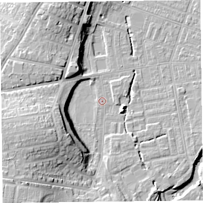 Shaded relief map of the ground around CA26AA, computed from Environment Agency LiDAR. The ground here sits at about 17 m above sea level and falls 23 m across the surrounding 800 m. Surface water reaching this point runs off ground lying to the south-west, 20.1 m higher.