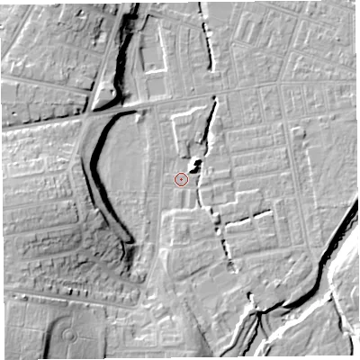 Shaded relief map of the ground around CA26AB, computed from Environment Agency LiDAR. The ground here sits at about 17 m above sea level and falls 22 m across the surrounding 800 m. Surface water reaching this point runs off ground lying to the south-east, 2.8 m higher.