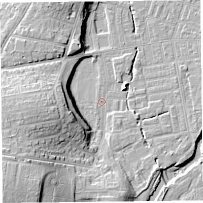 Shaded relief map of the ground around CA26AD, computed from Environment Agency LiDAR. The ground here sits at about 17 m above sea level and falls 23 m across the surrounding 800 m. Surface water reaching this point runs off ground lying to the south-west, 20.2 m higher.