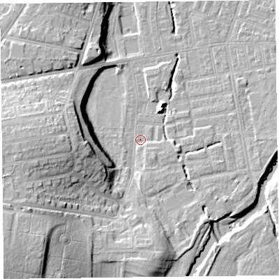 Shaded relief map of the ground around CA26AE, computed from Environment Agency LiDAR. The ground here sits at about 18 m above sea level and falls 23 m across the surrounding 800 m. Surface water reaching this point runs off ground lying to the south-west, 19.9 m higher.