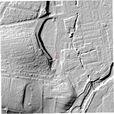 Shaded relief map of the ground around CA26AG, computed from Environment Agency LiDAR. The ground here sits at about 18 m above sea level and falls 23 m across the surrounding 800 m. Surface water reaching this point runs off ground lying to the west-south-west, 20.0 m higher.
