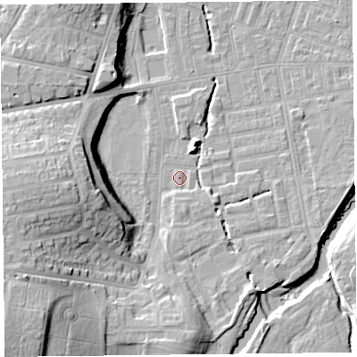 Shaded relief map of the ground around CA26AS, computed from Environment Agency LiDAR. The ground here sits at about 18 m above sea level and falls 23 m across the surrounding 800 m. Surface water reaching this point runs off ground lying to the east-south-east, 2.8 m higher.