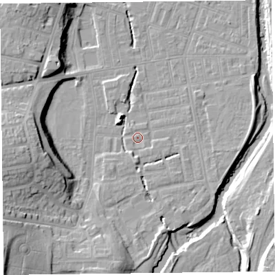 Shaded relief map of the ground around CA26AZ, computed from Environment Agency LiDAR. The ground here sits at about 18 m above sea level and falls 22 m across the surrounding 800 m. Surface water reaching this point runs off ground lying to the south, 2.6 m higher.