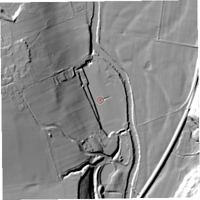 Shaded relief map of the ground around CA26BT, computed from Environment Agency LiDAR. The ground here sits at about 24 m above sea level and falls 36 m across the surrounding 800 m. Surface water reaching this point runs off ground lying to the west, 31.4 m higher.