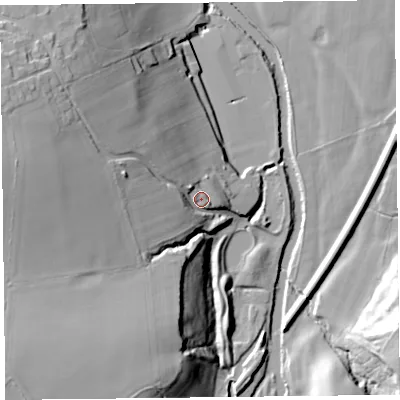 Shaded relief map of the ground around CA26BW, computed from Environment Agency LiDAR. The ground here sits at about 35 m above sea level and falls 37 m across the surrounding 800 m. Surface water reaching this point runs off ground lying to the west-north-west, 24.5 m higher.