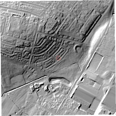Shaded relief map of the ground around CA26LS, computed from Environment Agency LiDAR. The ground here sits at about 36 m above sea level and falls 25 m across the surrounding 800 m. Surface water reaching this point runs off ground lying to the north-west, 15.0 m higher.