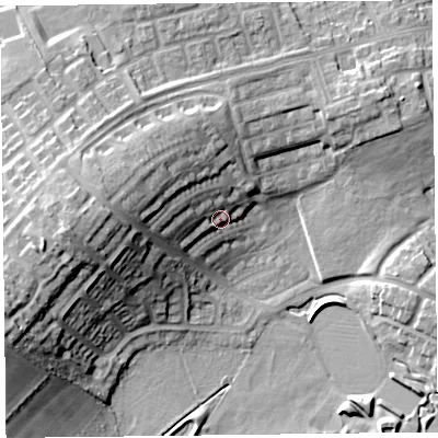 Shaded relief map of the ground around CA26ST, computed from Environment Agency LiDAR. The ground here sits at about 42 m above sea level and falls 21 m across the surrounding 800 m. Surface water reaching this point runs off ground lying to the west-north-west, 5.6 m higher.
