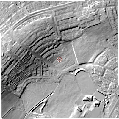 Shaded relief map of the ground around CA26SU, computed from Environment Agency LiDAR. The ground here sits at about 37 m above sea level and falls 21 m across the surrounding 800 m. Surface water reaching this point runs off ground lying to the west, 20.6 m higher.