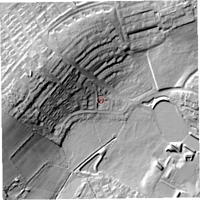 Shaded relief map of the ground around CA26TT, computed from Environment Agency LiDAR. The ground here sits at about 39 m above sea level and falls 22 m across the surrounding 800 m. Surface water reaching this point runs off ground lying to the north-west, 14.9 m higher.
