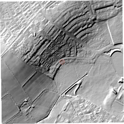 Shaded relief map of the ground around CA26TW, computed from Environment Agency LiDAR. The ground here sits at about 39 m above sea level and falls 22 m across the surrounding 800 m. Surface water reaching this point runs off ground lying to the west, 18.0 m higher.