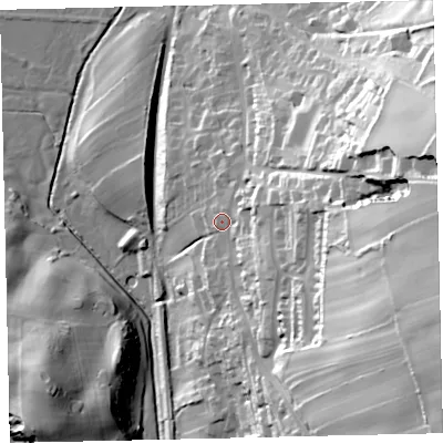 Shaded relief map of the ground around CA270AD, computed from Environment Agency LiDAR. The ground here sits at about 27 m above sea level and falls 82 m across the surrounding 800 m. Surface water reaching this point runs off ground lying to the east, 20.1 m higher.