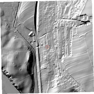 Shaded relief map of the ground around CA270BB, computed from Environment Agency LiDAR. The ground here sits at about 23 m above sea level and falls 83 m across the surrounding 800 m. Surface water reaching this point runs off ground lying to the east-north-east, 21.3 m higher.