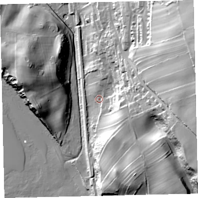Shaded relief map of the ground around CA270BD, computed from Environment Agency LiDAR. The ground here sits at about 14 m above sea level and falls 84 m across the surrounding 800 m. Surface water reaching this point runs off ground lying to the east, 41.3 m higher.