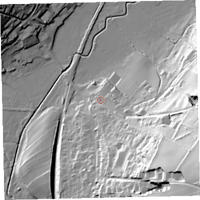 Shaded relief map of the ground around CA270BN, computed from Environment Agency LiDAR. The ground here sits at about 16 m above sea level and falls 82 m across the surrounding 800 m. Surface water reaching this point runs off ground lying to the south-east, 73.3 m higher.