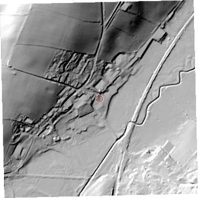 Shaded relief map of the ground around CA270DS, computed from Environment Agency LiDAR. The ground here sits at about 13 m above sea level and falls 69 m across the surrounding 800 m. Surface water reaching this point runs off ground lying to the north-north-west, 62.1 m higher.