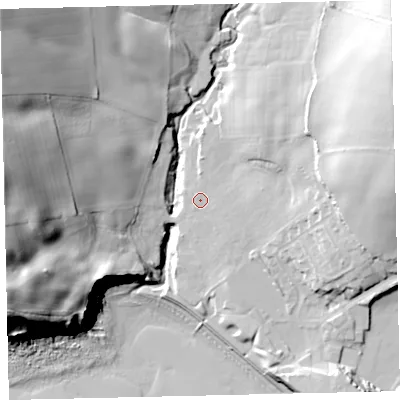 Shaded relief map of the ground around CA270EU, computed from Environment Agency LiDAR. The ground here sits at about 13 m above sea level and falls 58 m across the surrounding 800 m. Surface water reaching this point runs off ground lying to the east-north-east, 28.1 m higher.