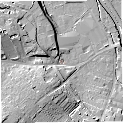 Shaded relief map of the ground around CA27AA, computed from Environment Agency LiDAR. The ground here sits at about 14 m above sea level and falls 19 m across the surrounding 800 m. Surface water reaching this point runs off ground lying to the west-north-west, 10.1 m higher.