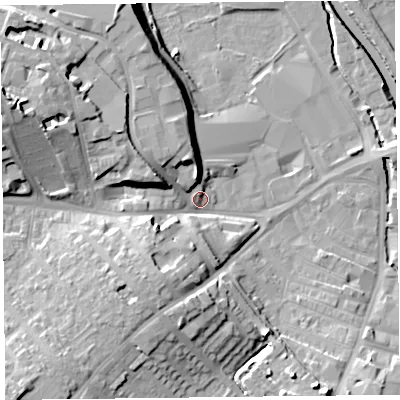 Shaded relief map of the ground around CA27AB, computed from Environment Agency LiDAR. The ground here sits at about 15 m above sea level and falls 19 m across the surrounding 800 m. Surface water reaching this point runs off ground lying to the west-north-west, 15.7 m higher.