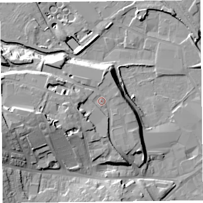 Shaded relief map of the ground around CA27AF, computed from Environment Agency LiDAR. The ground here sits at about 22 m above sea level and falls 24 m across the surrounding 800 m. Surface water reaching this point runs off ground lying to the west-south-west, 9.2 m higher.